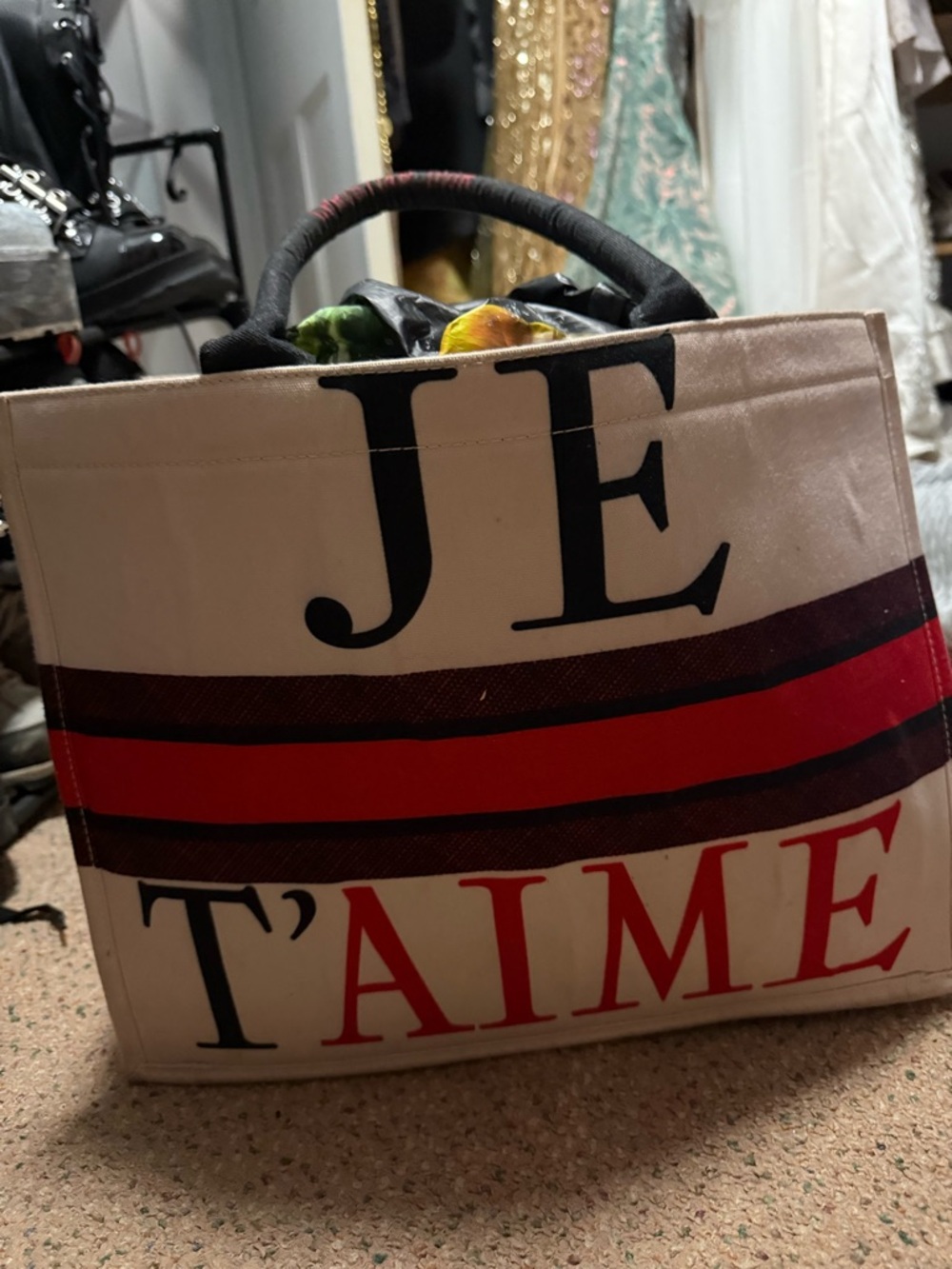 Je T'aime Canvas Tote with Red & Black Stripes